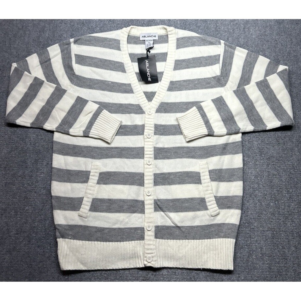 Ablanche Cardigan Sweater Mens 2XL Off White Gray V-Neck Long Sleeve Preppy Y2K